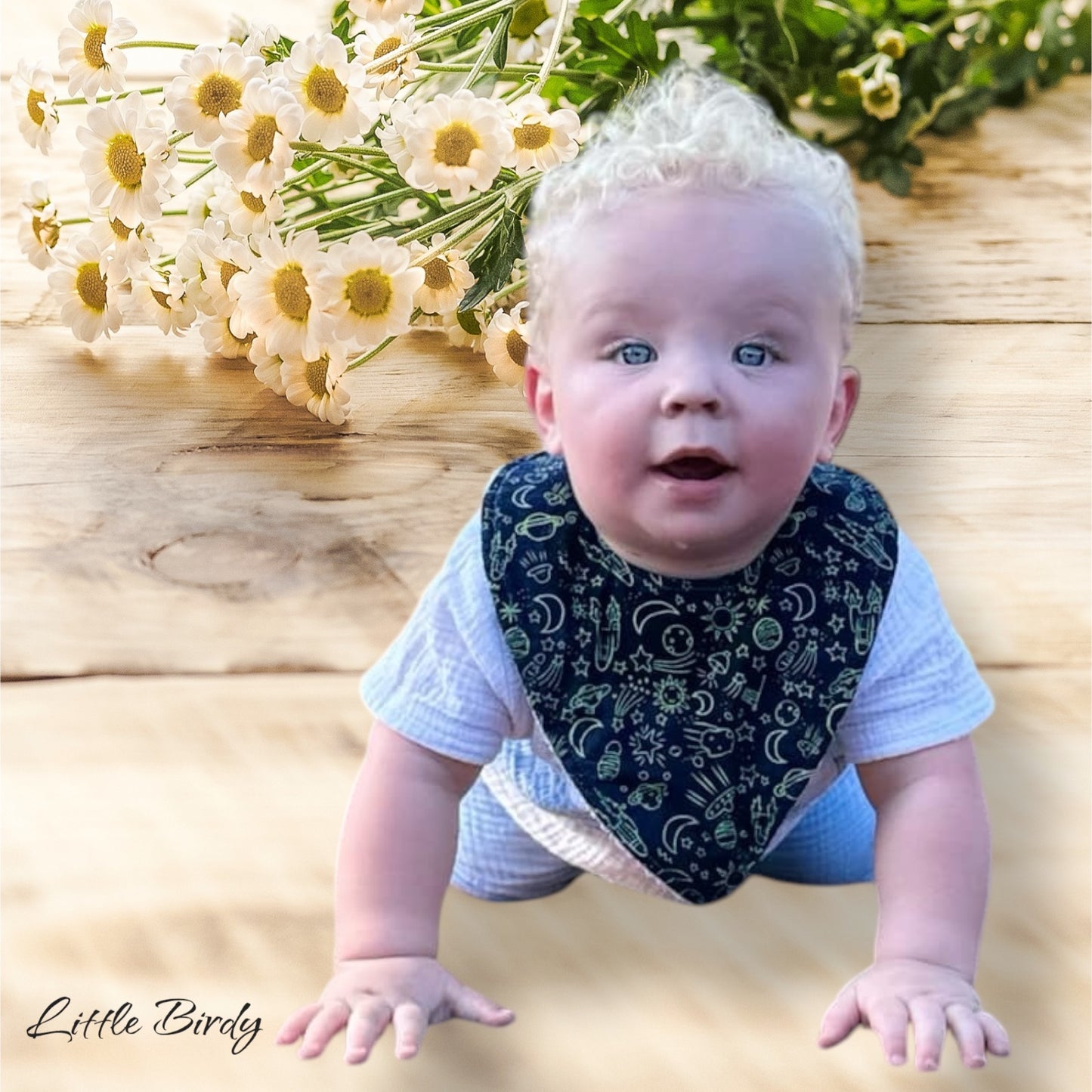 Blue and yellow space bib set