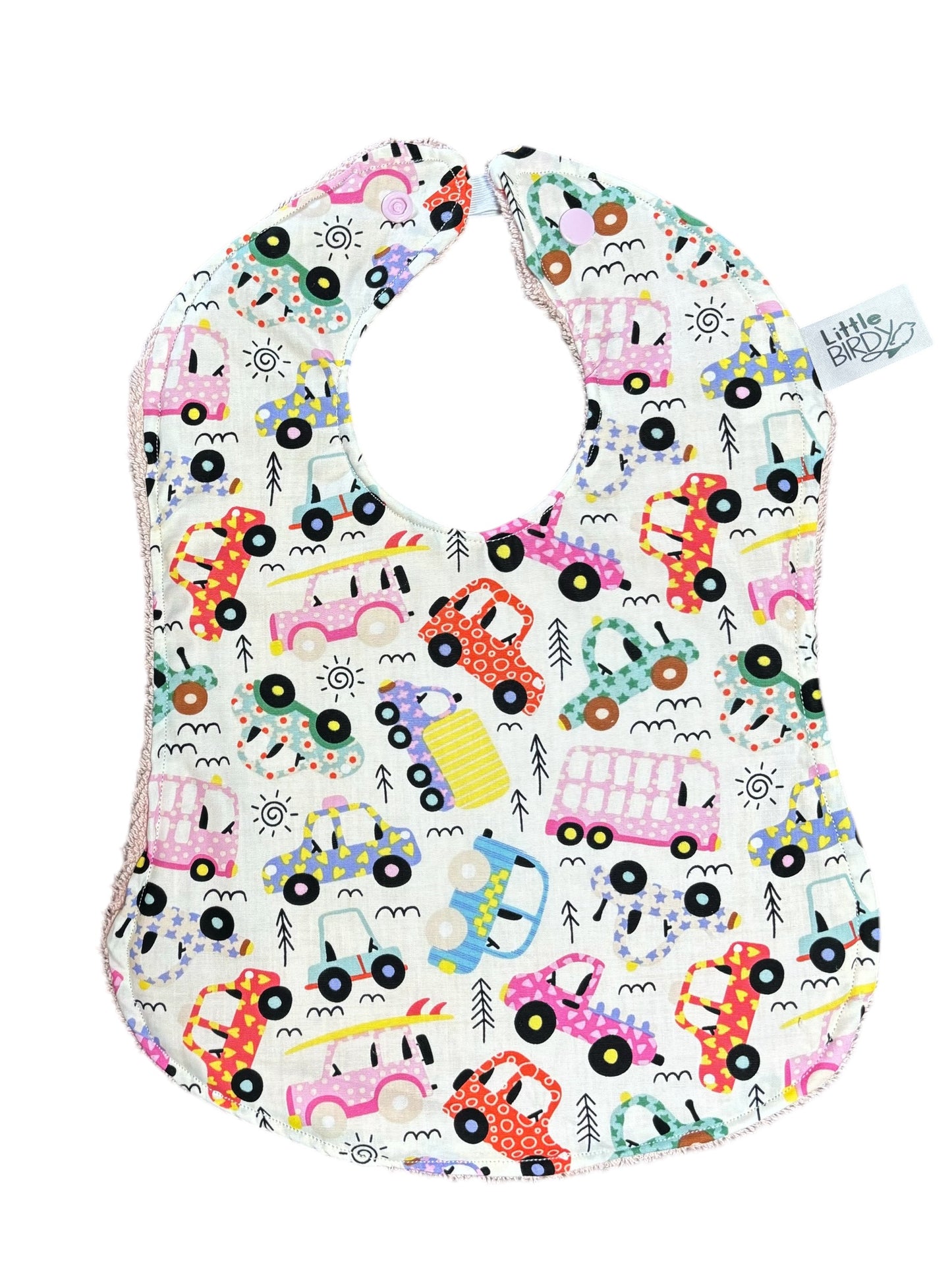 Little Birdy large pink cars bib